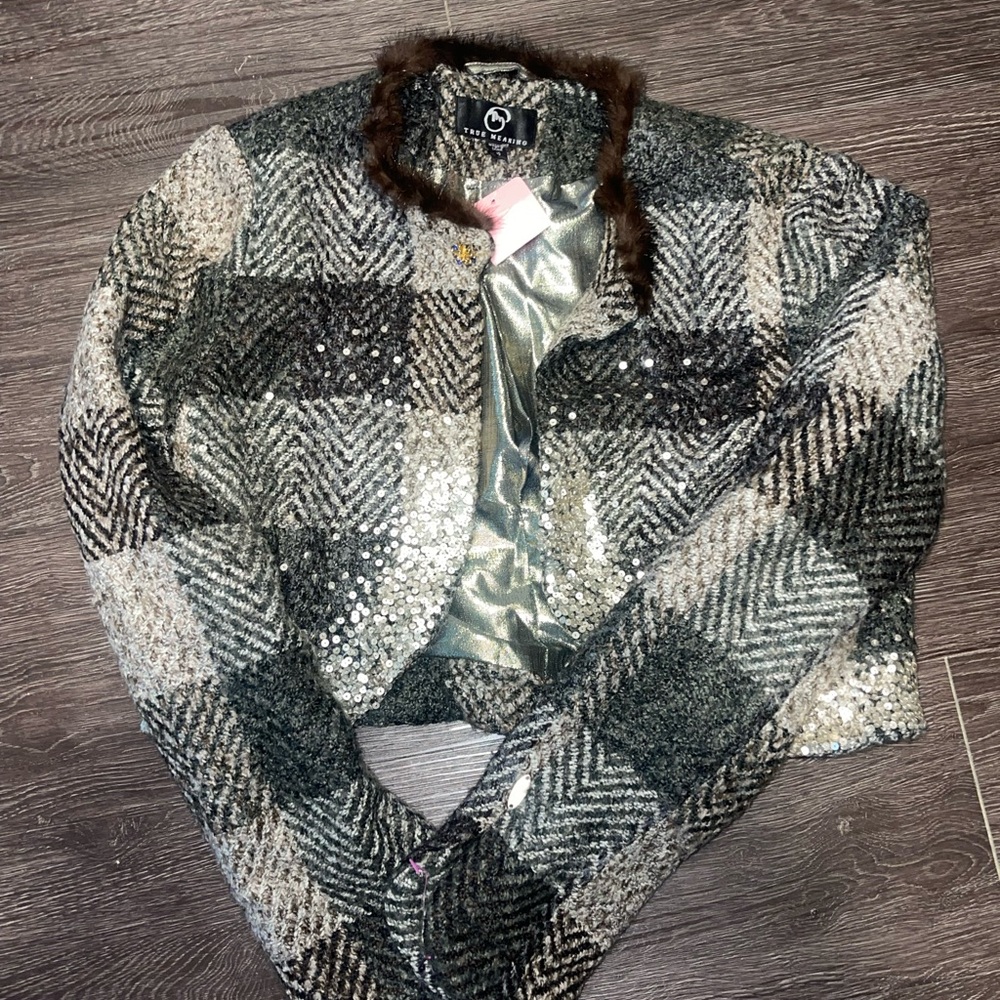 Stylish Women's Plaid Jacket with Sequin Detail